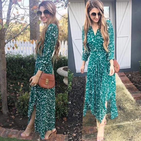 MAJE Green Floral Midi Dress Surplice Neck Wedding Cocktail Party Romantic Boho - Picture 11 of 12